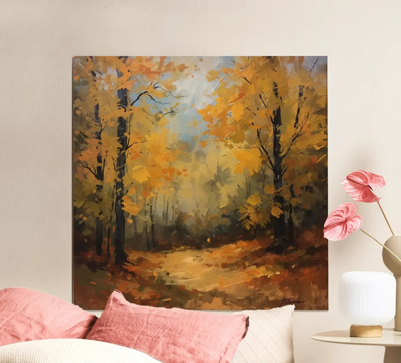 Painting of Autumn Forest with Yellow Trees and Path poster with wooden frame by DesignDoodle