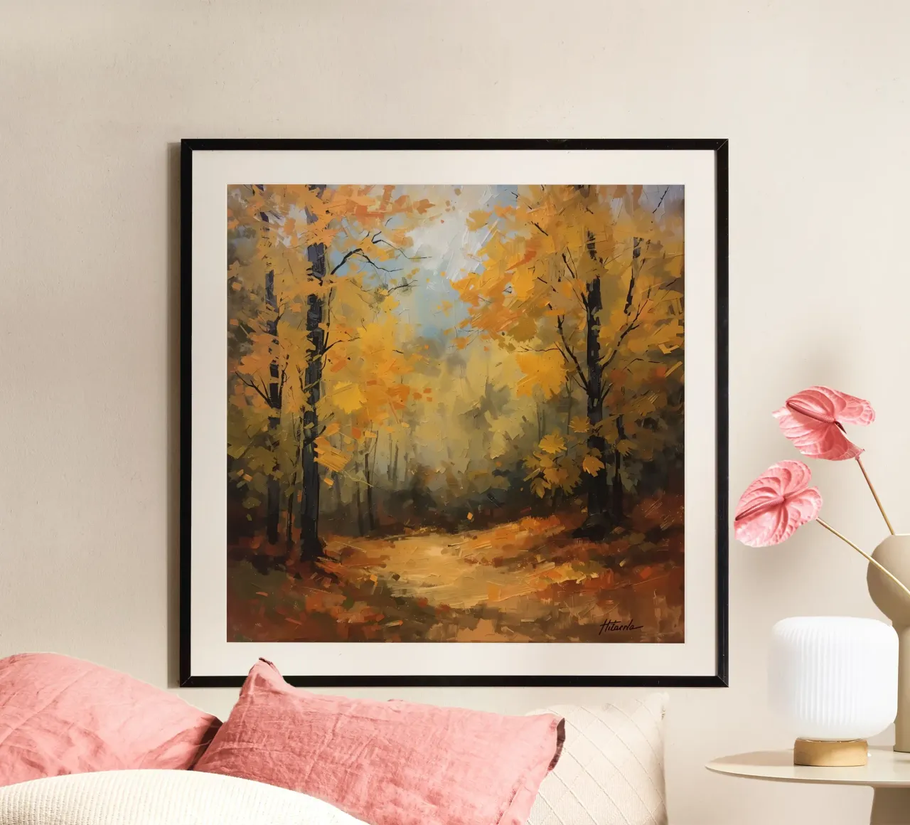 Painting of Autumn Forest with Yellow Trees and Path poster with wooden frame by DesignDoodle