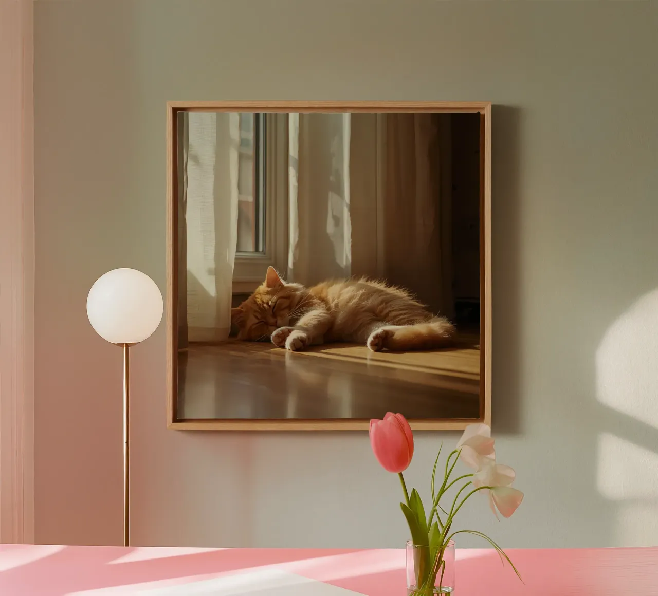 Orange Cat Sleeping on Floor Near Window canvas with Floater frame by DesignDoodle