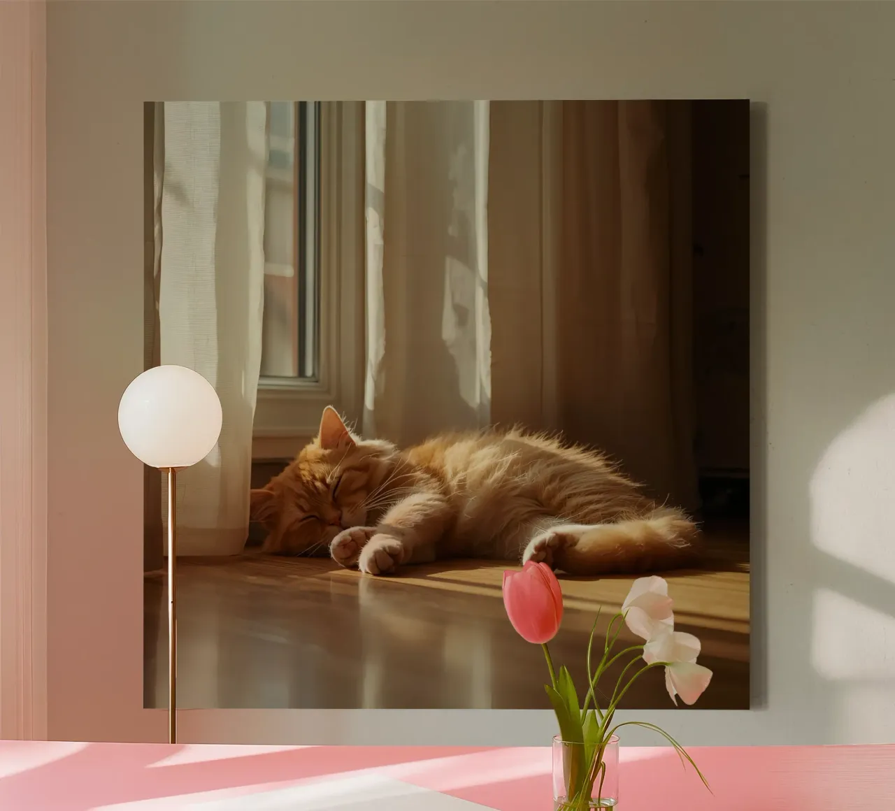 Orange Cat Sleeping on Floor Near Window canvas with Floater frame by DesignDoodle