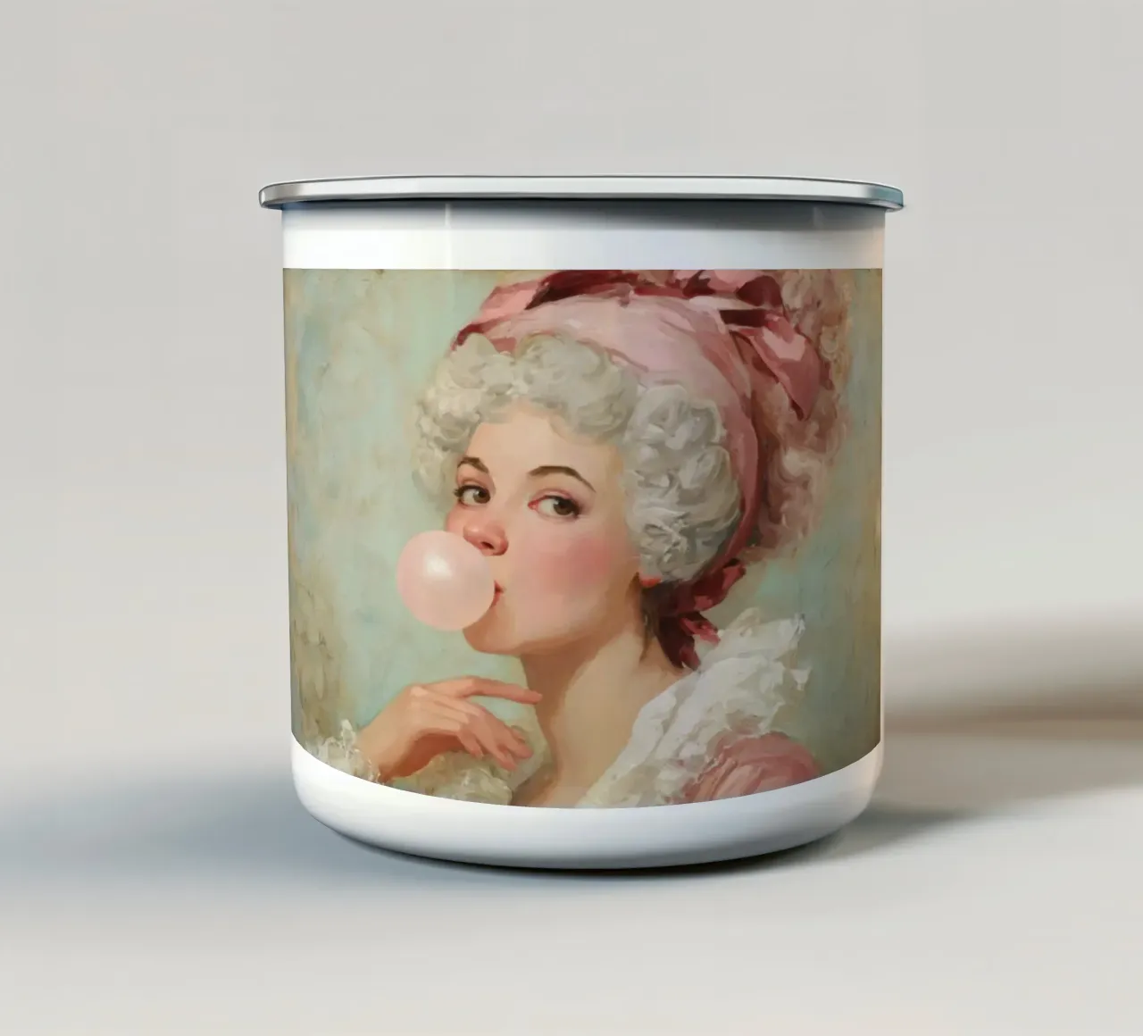 Madame Pompadour soffia la gomma da masticare in stile rococò tazza in smalto da Modern Muse