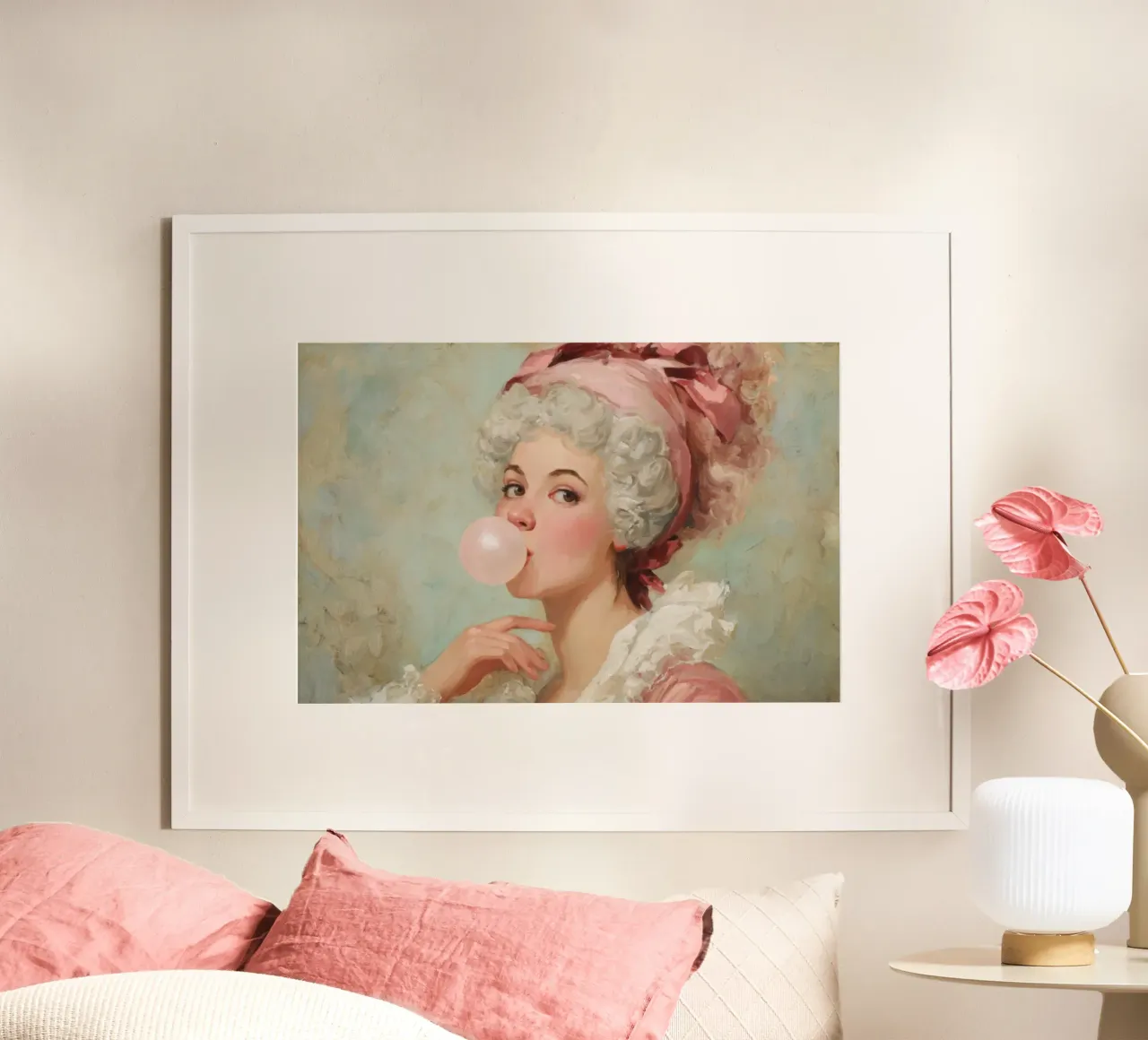 Madame Pompadour soffia la gomma da masticare in stile rococò poster con telaio in alluminio da Modern Muse