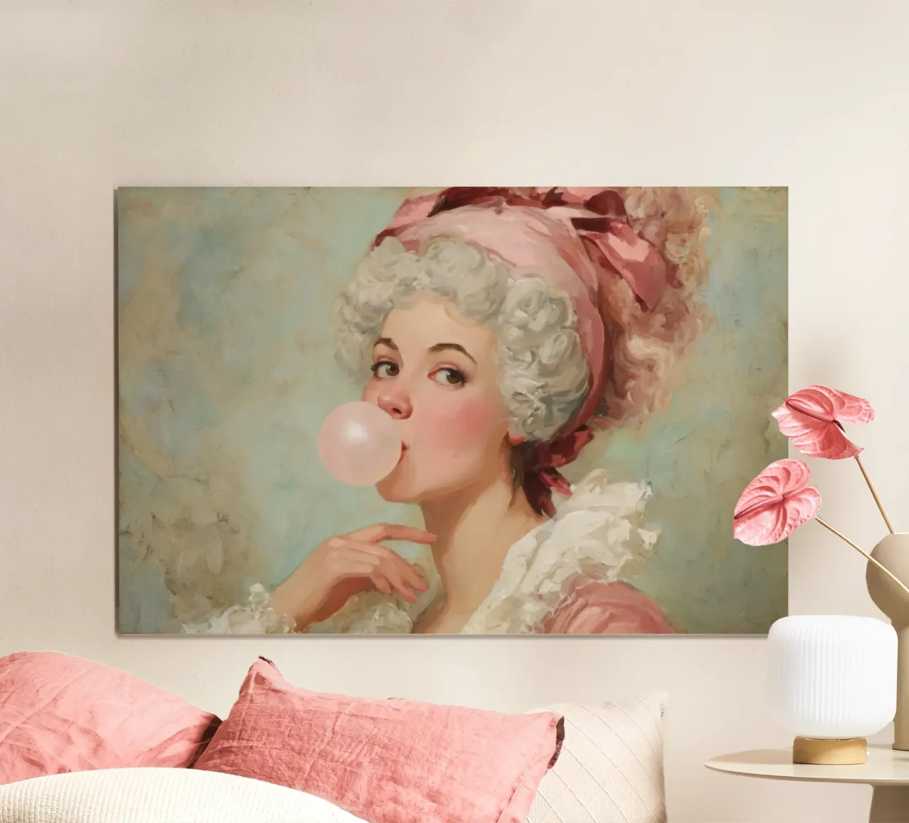 Madame Pompadour soffia la gomma da masticare in stile rococò poster con telaio in alluminio da Modern Muse