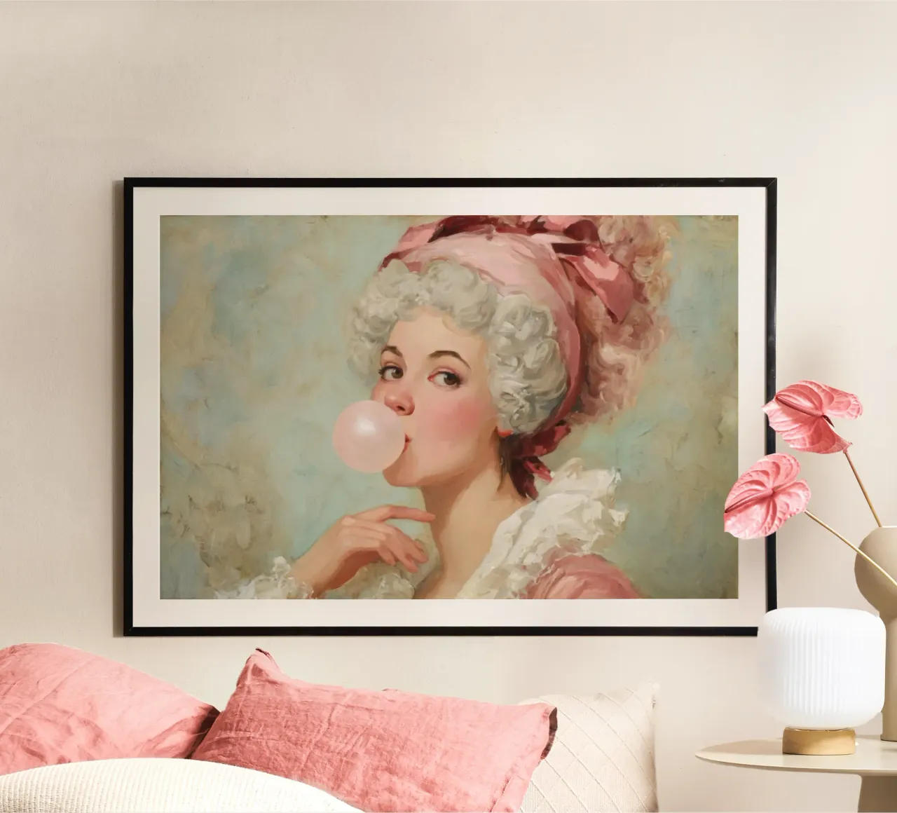 Madame Pompadour soffia la gomma da masticare in stile rococò poster con telaio in alluminio da Modern Muse