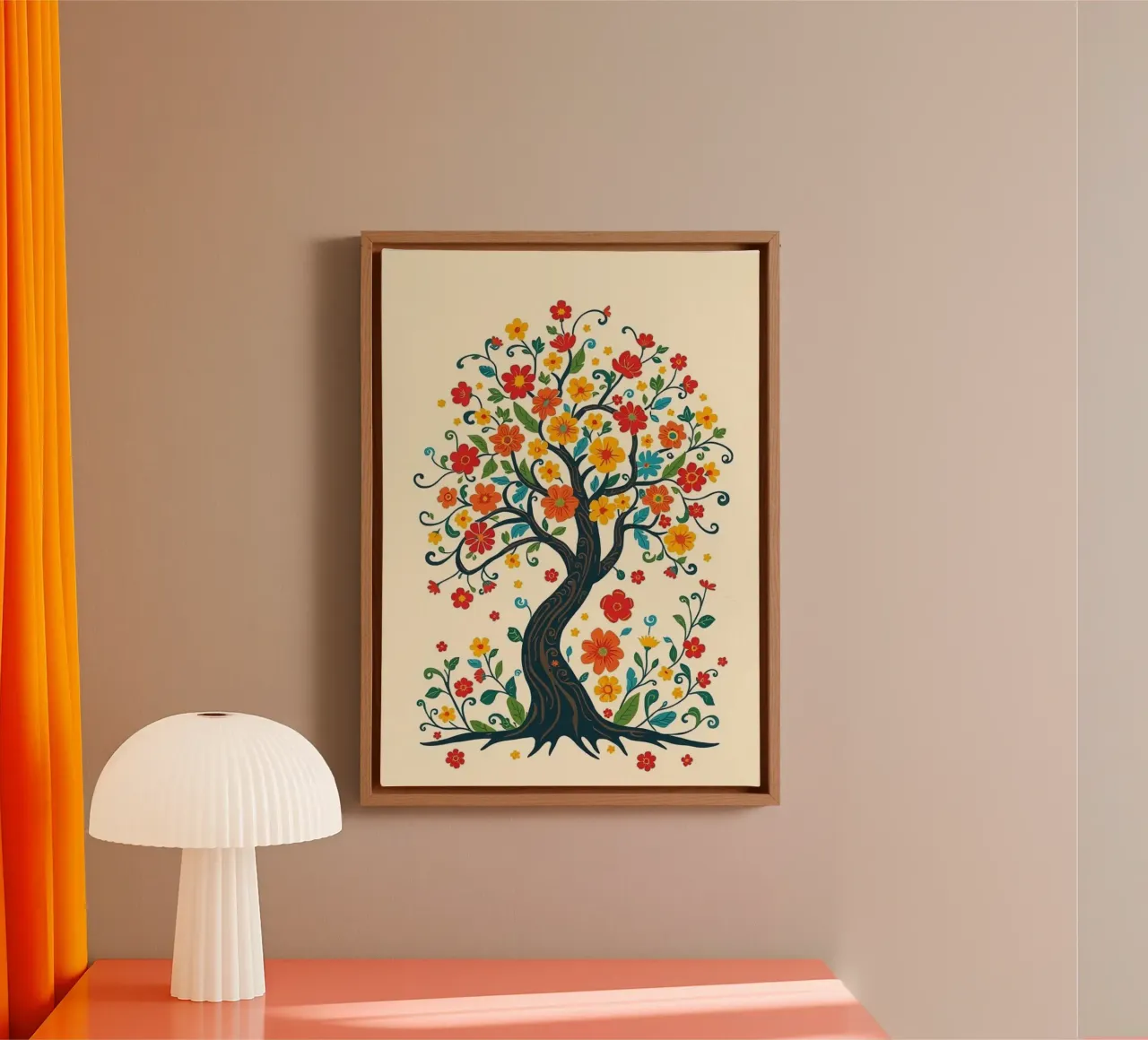Whimsical Tree of Life with Vibrant Folk Art Flowers and Swi canvas with Floater frame by Artistic-shop