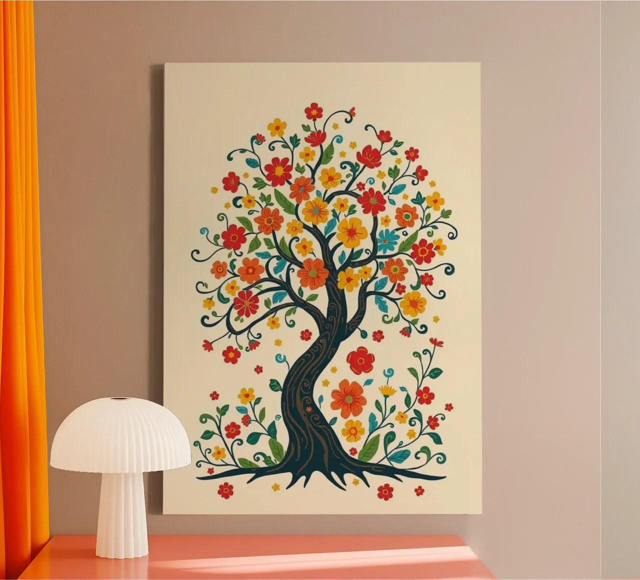 Whimsical Tree of Life with Vibrant Folk Art Flowers and Swi canvas with Floater frame by Artistic-shop