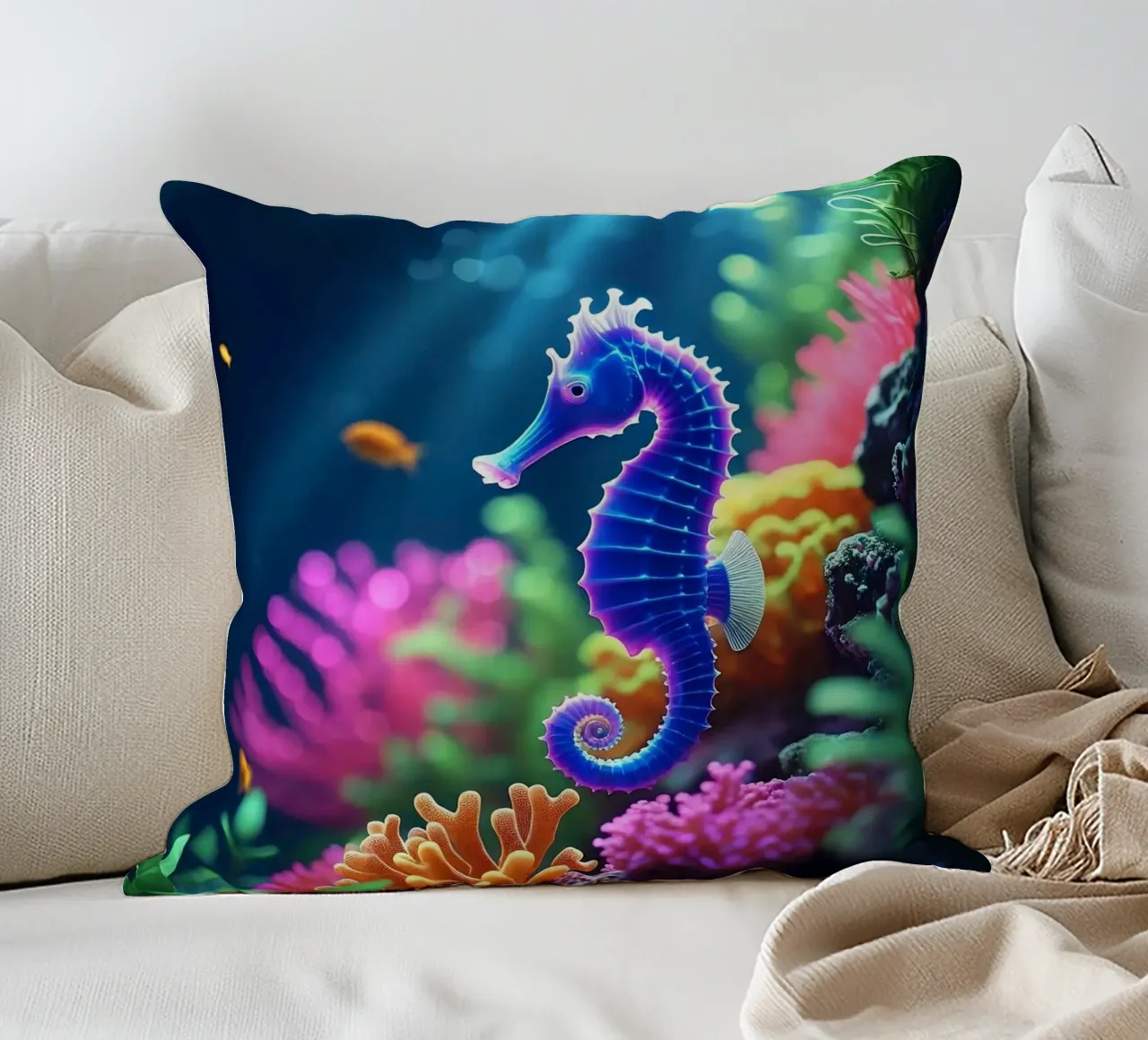 ✨🐠 Stardust Pop ✦ Blue & Pink Seahorse in Neon Garden 🌙 decorative cushion by LUMAQUA STUDIO