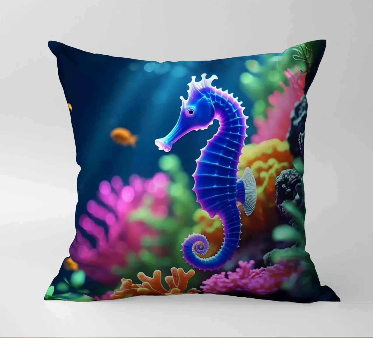 ✨🐠 Stardust Pop ✦ Blue & Pink Seahorse in Neon Garden 🌙 decorative cushion by LUMAQUA STUDIO