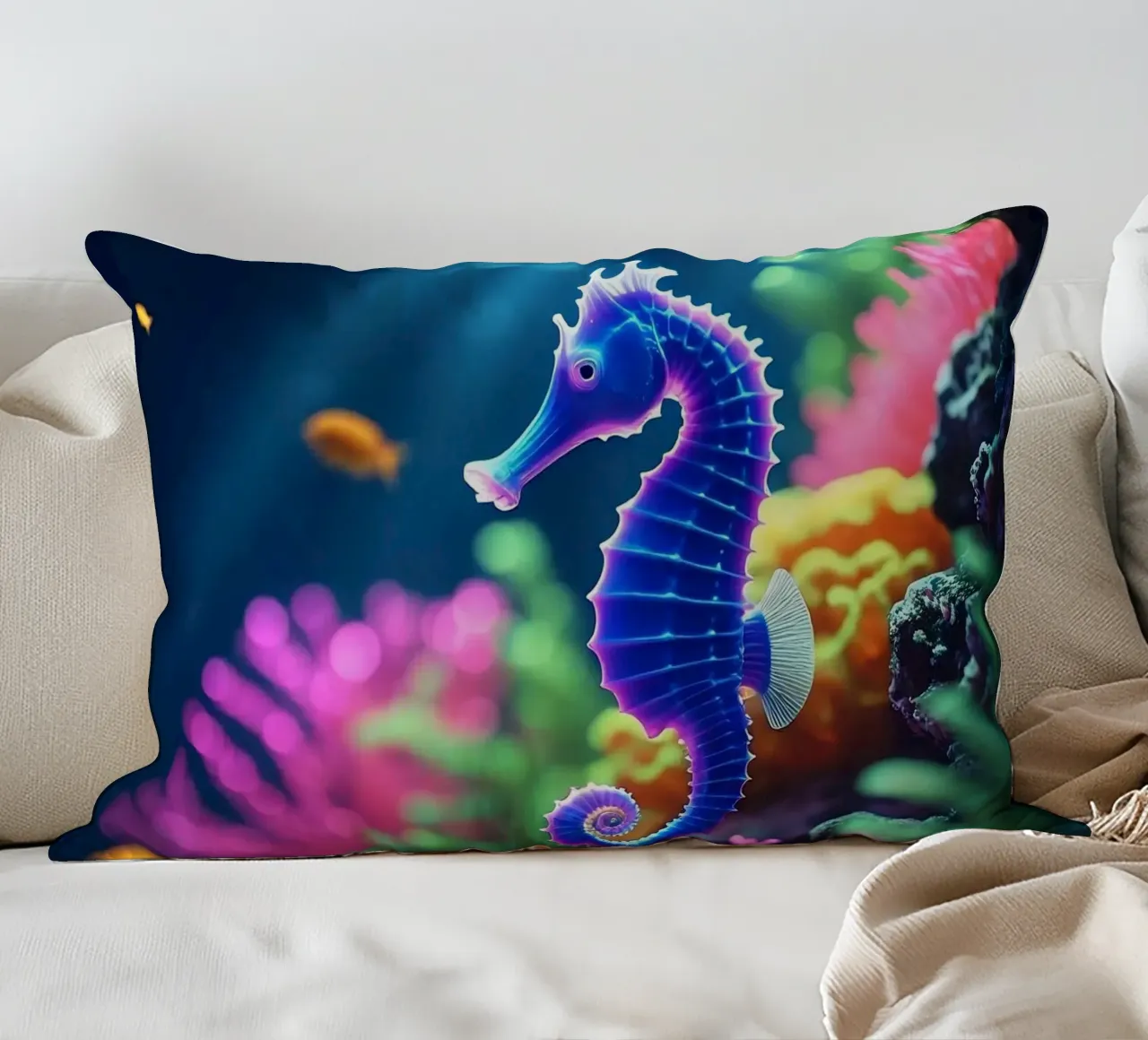 ✨🐠 Stardust Pop ✦ Blue & Pink Seahorse in Neon Garden 🌙 decorative cushion by LUMAQUA STUDIO
