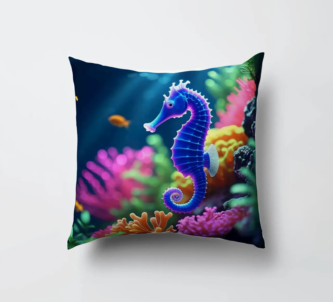 ✨🐠 Stardust Pop ✦ Blue & Pink Seahorse in Neon Garden 🌙 decorative cushion by LUMAQUA STUDIO