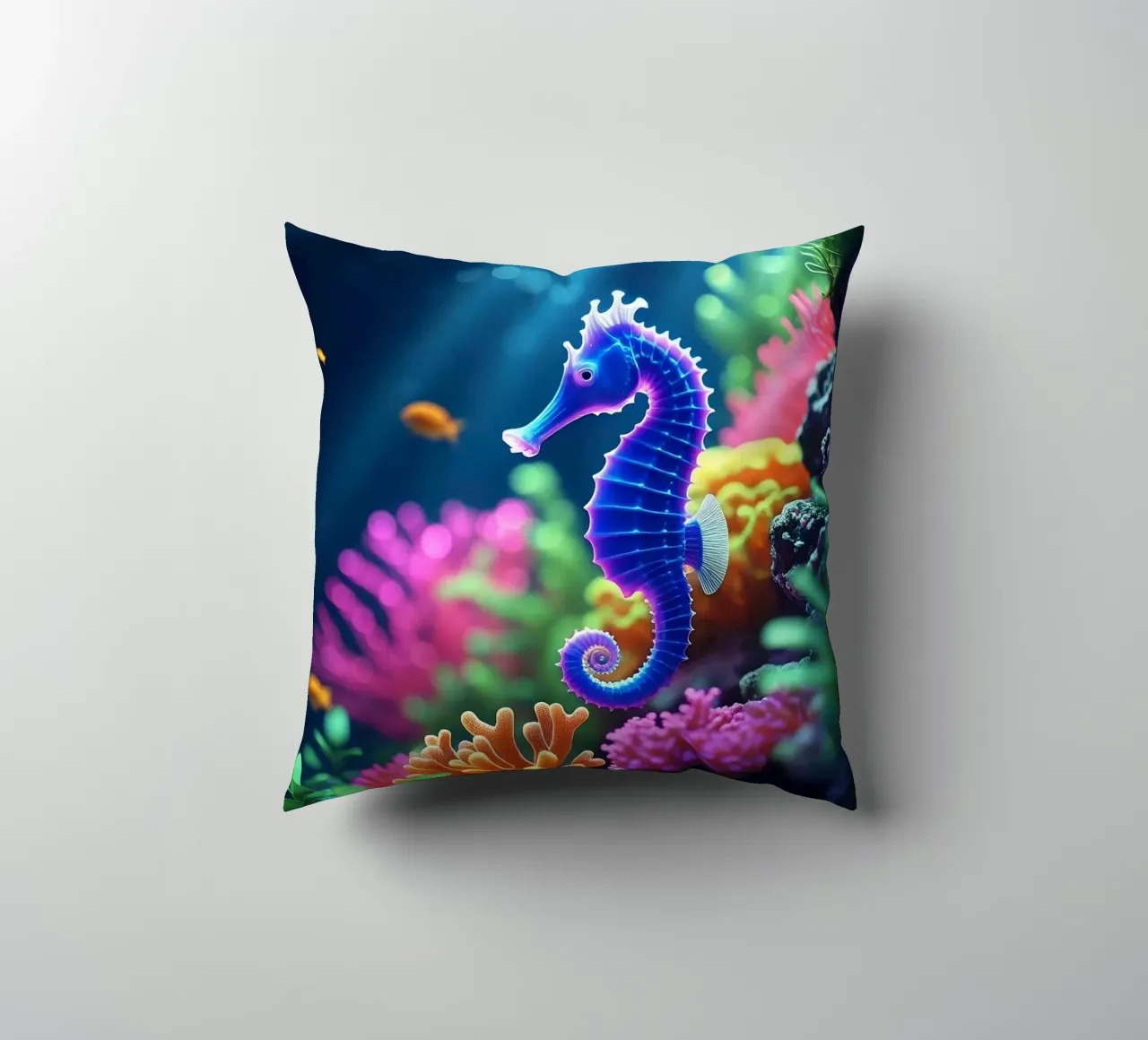 ✨🐠 Stardust Pop ✦ Blue & Pink Seahorse in Neon Garden 🌙 decorative cushion by LUMAQUA STUDIO