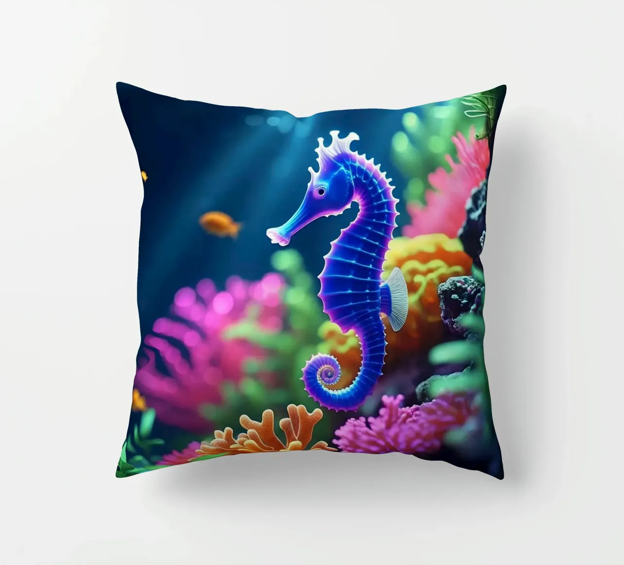 ✨🐠 Stardust Pop ✦ Blue & Pink Seahorse in Neon Garden 🌙 decorative cushion by LUMAQUA STUDIO