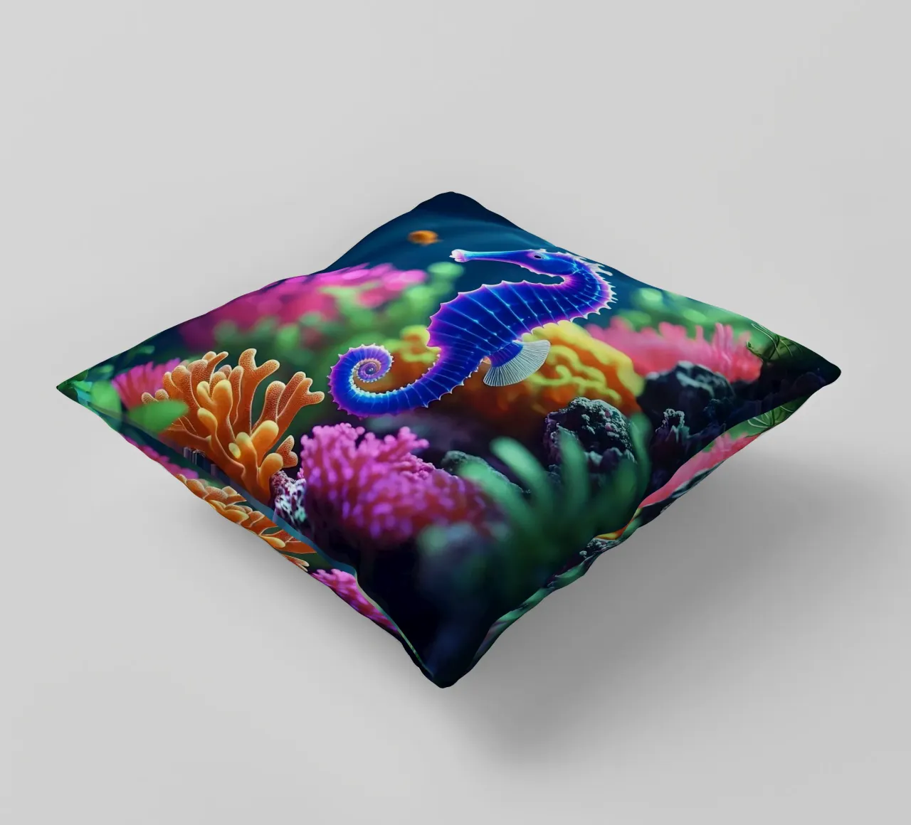 ✨🐠 Stardust Pop ✦ Blue & Pink Seahorse in Neon Garden 🌙 decorative cushion by LUMAQUA STUDIO