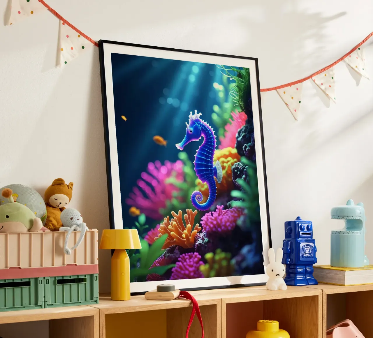 ✨🐠 Stardust Pop ✦ Blaues & rosafarbenes Seepferdchen in Neon Garten 🌙 Poster mit Aluminium Rahmen von LUMAQUA STUDIO
