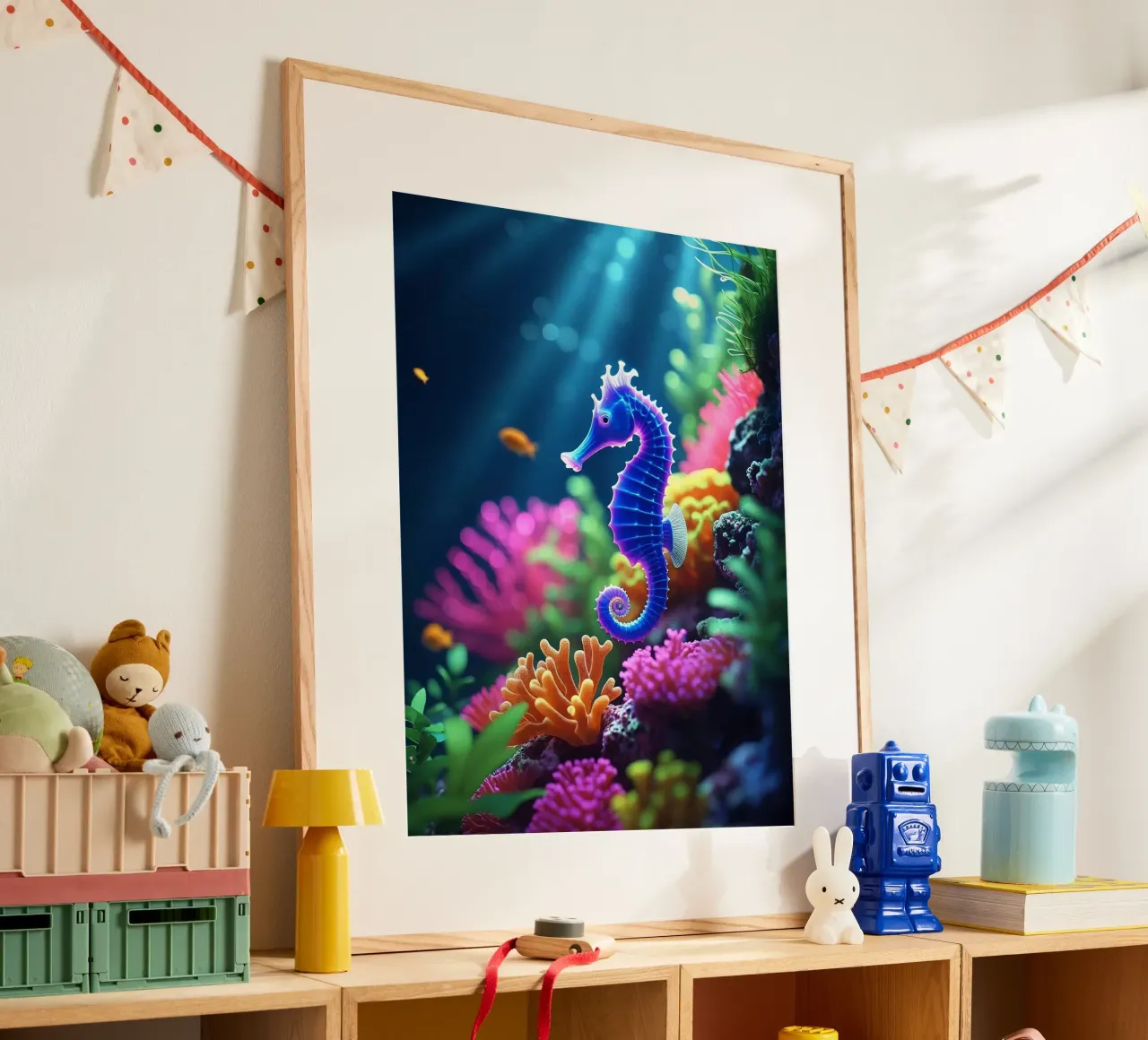 ✨🐠 Stardust Pop ✦ Blaues & rosafarbenes Seepferdchen in Neon Garten 🌙 Poster mit Aluminium Rahmen von LUMAQUA STUDIO