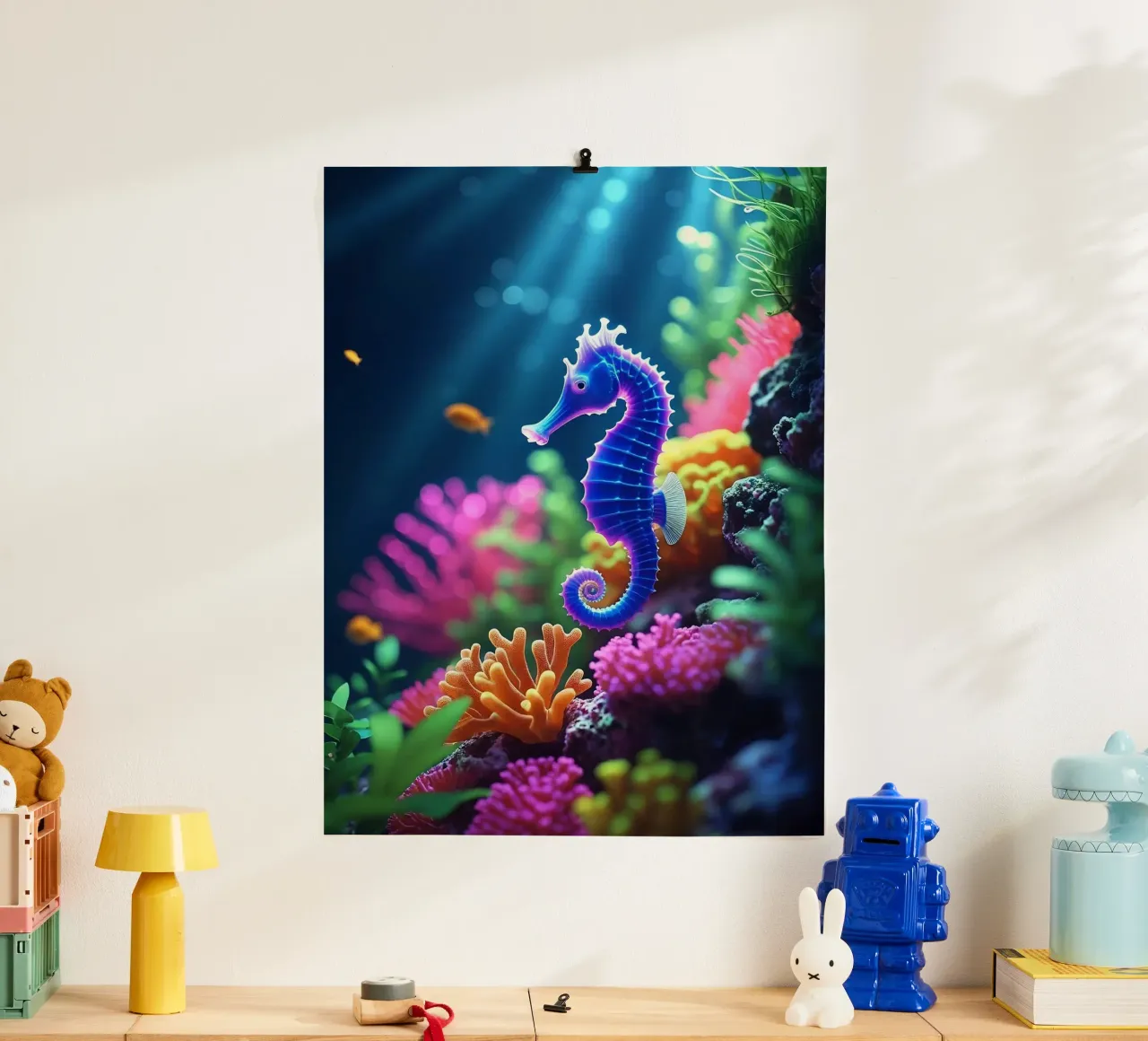✨🐠 Stardust Pop ✦ Blaues & rosafarbenes Seepferdchen in Neon Garten 🌙 Poster mit Aluminium Rahmen von LUMAQUA STUDIO