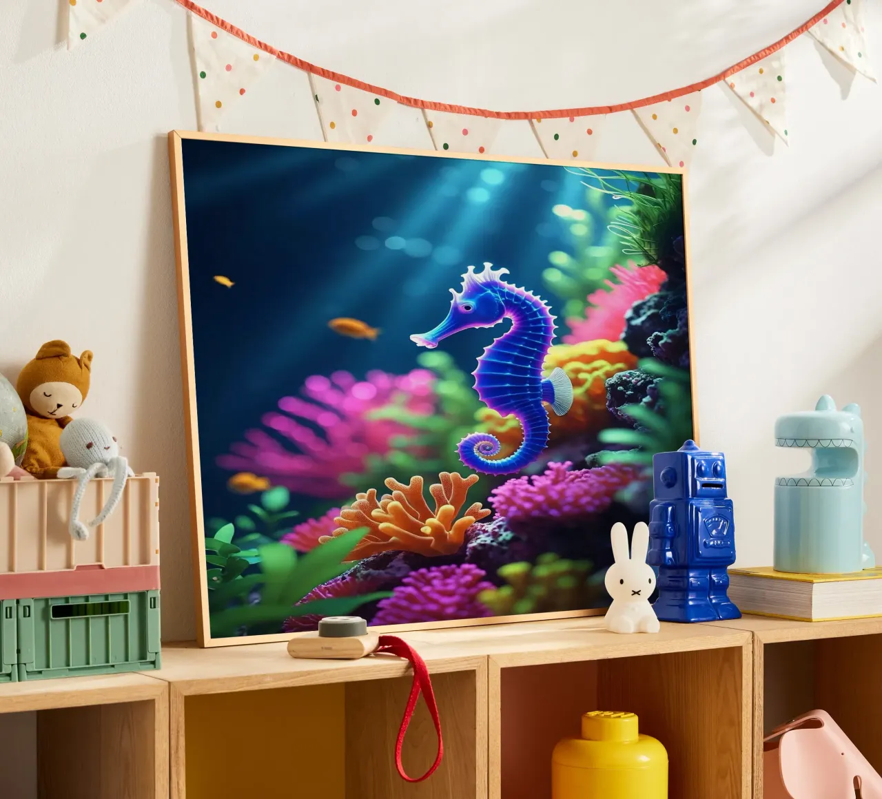 ✨🐠 Stardust Pop ✦ Blaues & rosafarbenes Seepferdchen in Neon Garten 🌙 Poster mit Aluminium Rahmen von LUMAQUA STUDIO