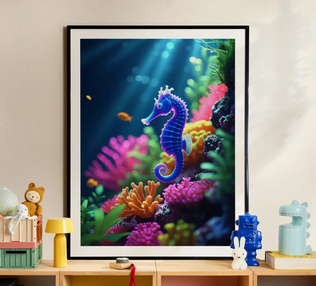 ✨🐠 Stardust Pop ✦ Blaues & rosafarbenes Seepferdchen in Neon Garten 🌙 Poster mit Aluminium Rahmen von LUMAQUA STUDIO