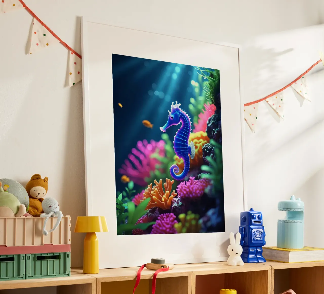 ✨🐠 Stardust Pop ✦ Blaues & rosafarbenes Seepferdchen in Neon Garten 🌙 Poster mit Aluminium Rahmen von LUMAQUA STUDIO