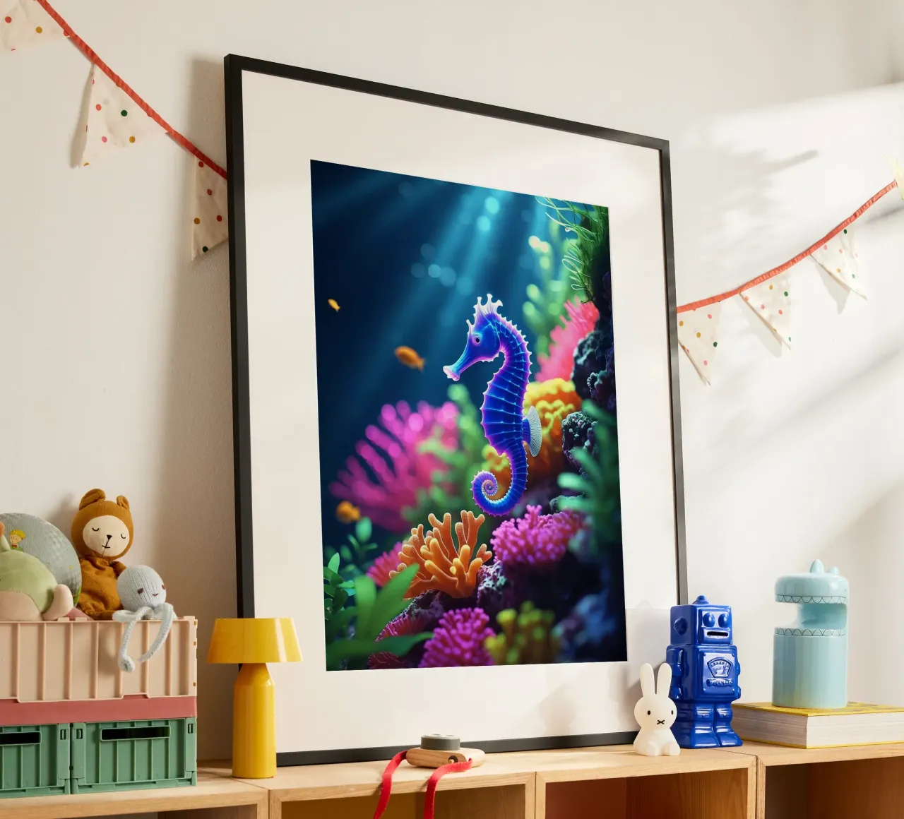 ✨🐠 Stardust Pop ✦ Blaues & rosafarbenes Seepferdchen in Neon Garten 🌙 Poster mit Aluminium Rahmen von LUMAQUA STUDIO