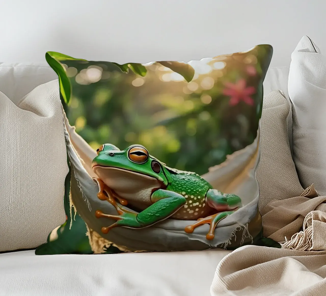 🌺🐸Tree frog | Summer mode: on! (2) decorative cushion by Trinkets NL Design Studio