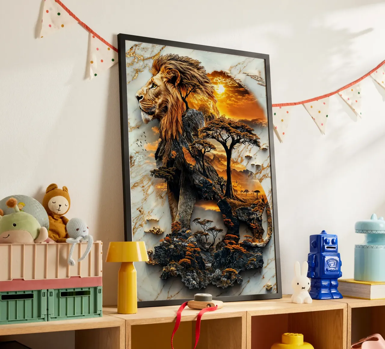King of the Savanna poster con telaio in plastica da Pixaverse