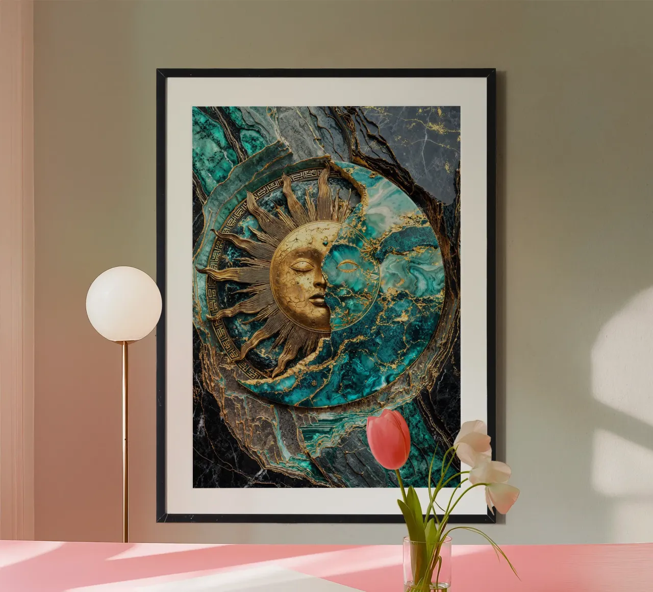 Golden Sun and Moon Kintsugi Art poster con telaio in plastica da Pixaverse
