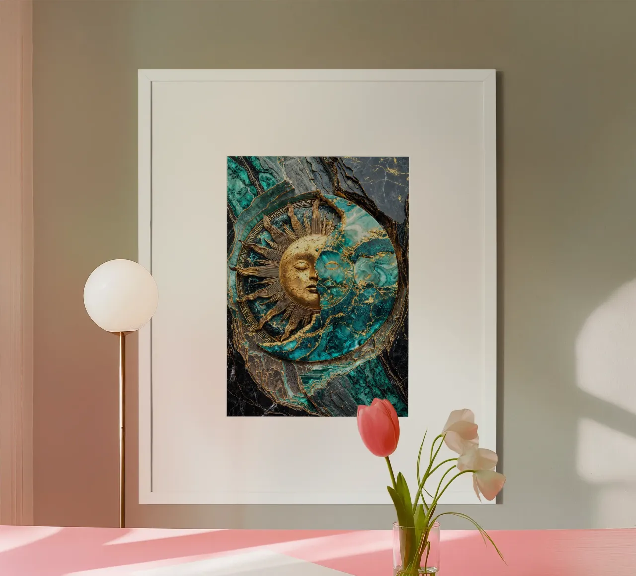 Golden Sun and Moon Kintsugi Art poster con telaio in plastica da Pixaverse