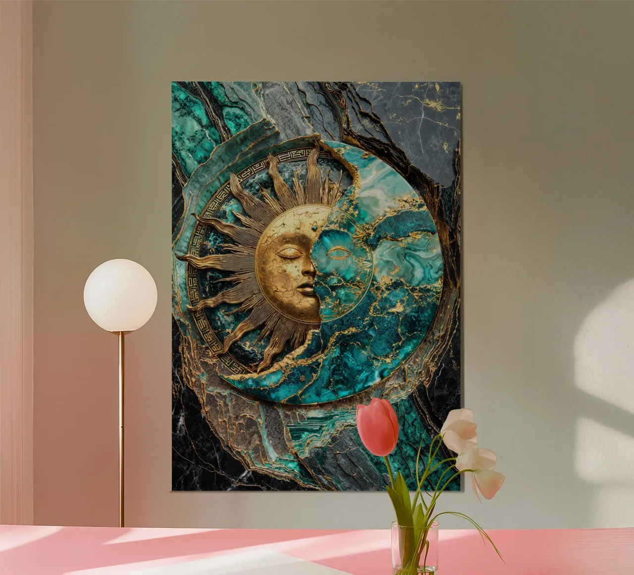 Golden Sun and Moon Kintsugi Art poster con telaio in plastica da Pixaverse