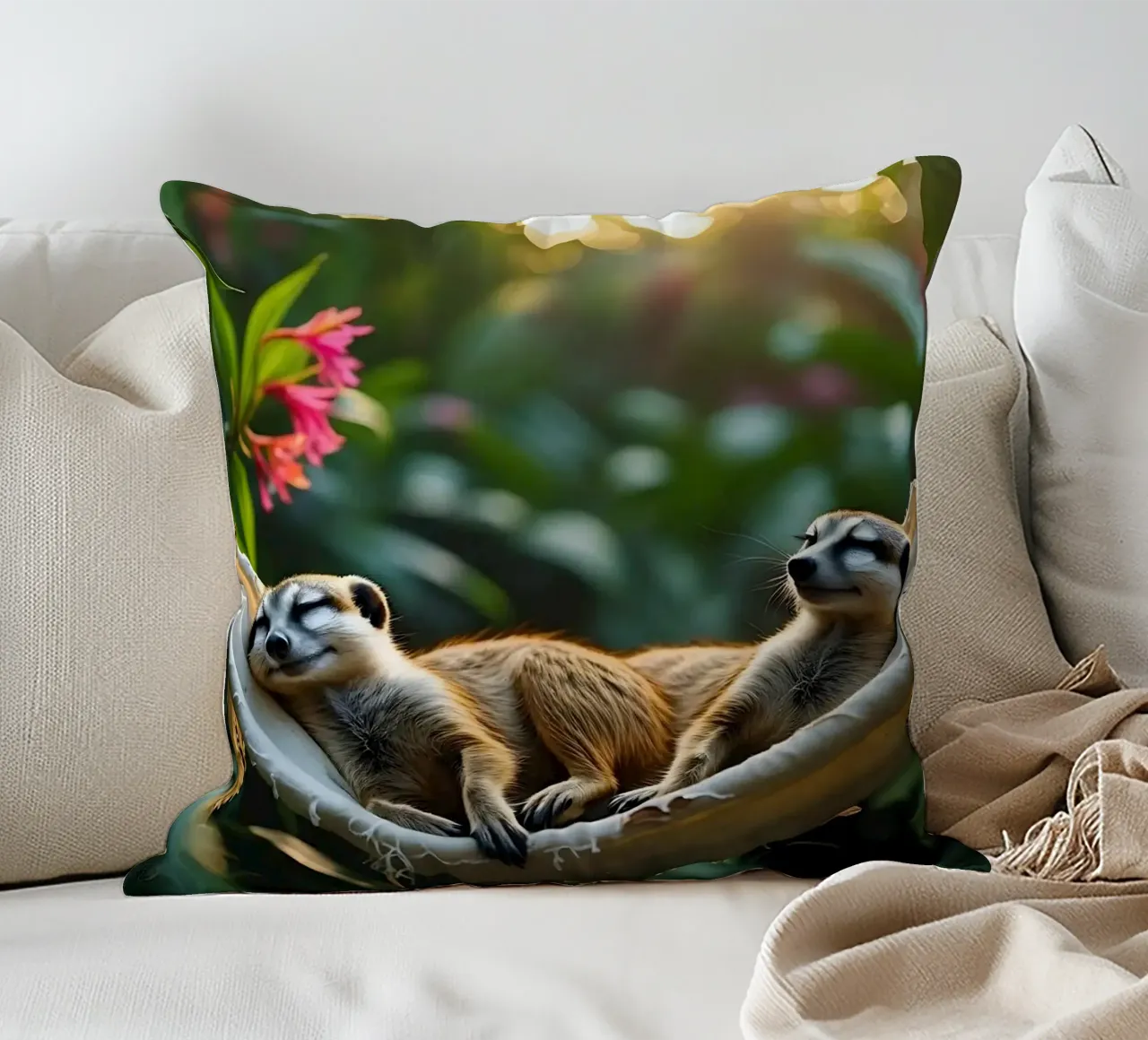 🌿🌺 Meerkats | Insieme in modalità relax (1) cuscino da Trinkets NL Design Studio