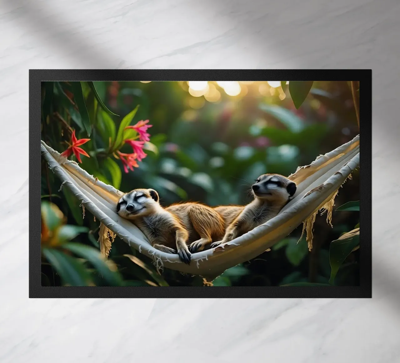 🌿🌺 Meerkats | Together in relaxation mode (1) doormat by Trinkets NL Design Studio