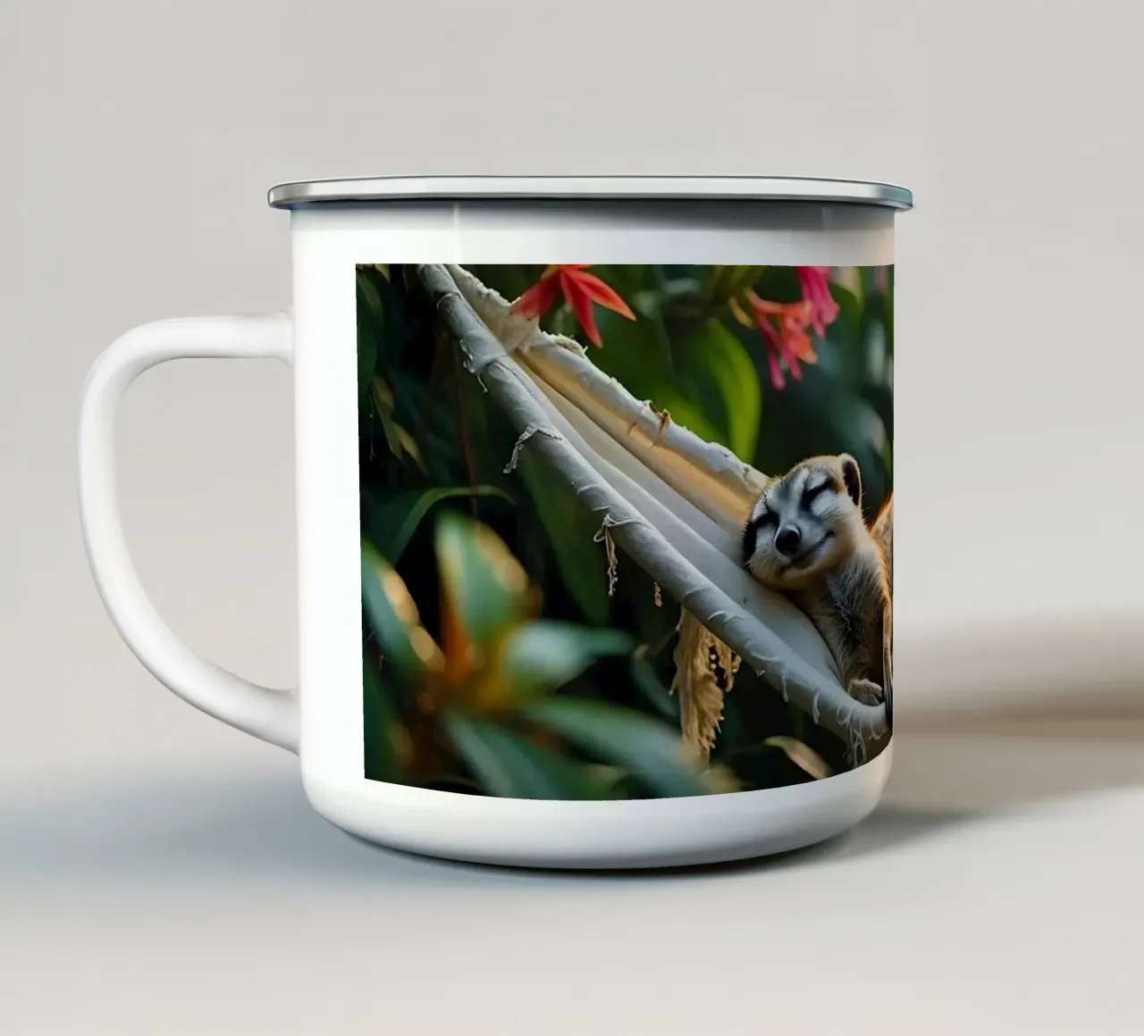 🌿🌺 Meerkats | Together in relaxation mode (1) enamel mug by Trinkets NL Design Studio