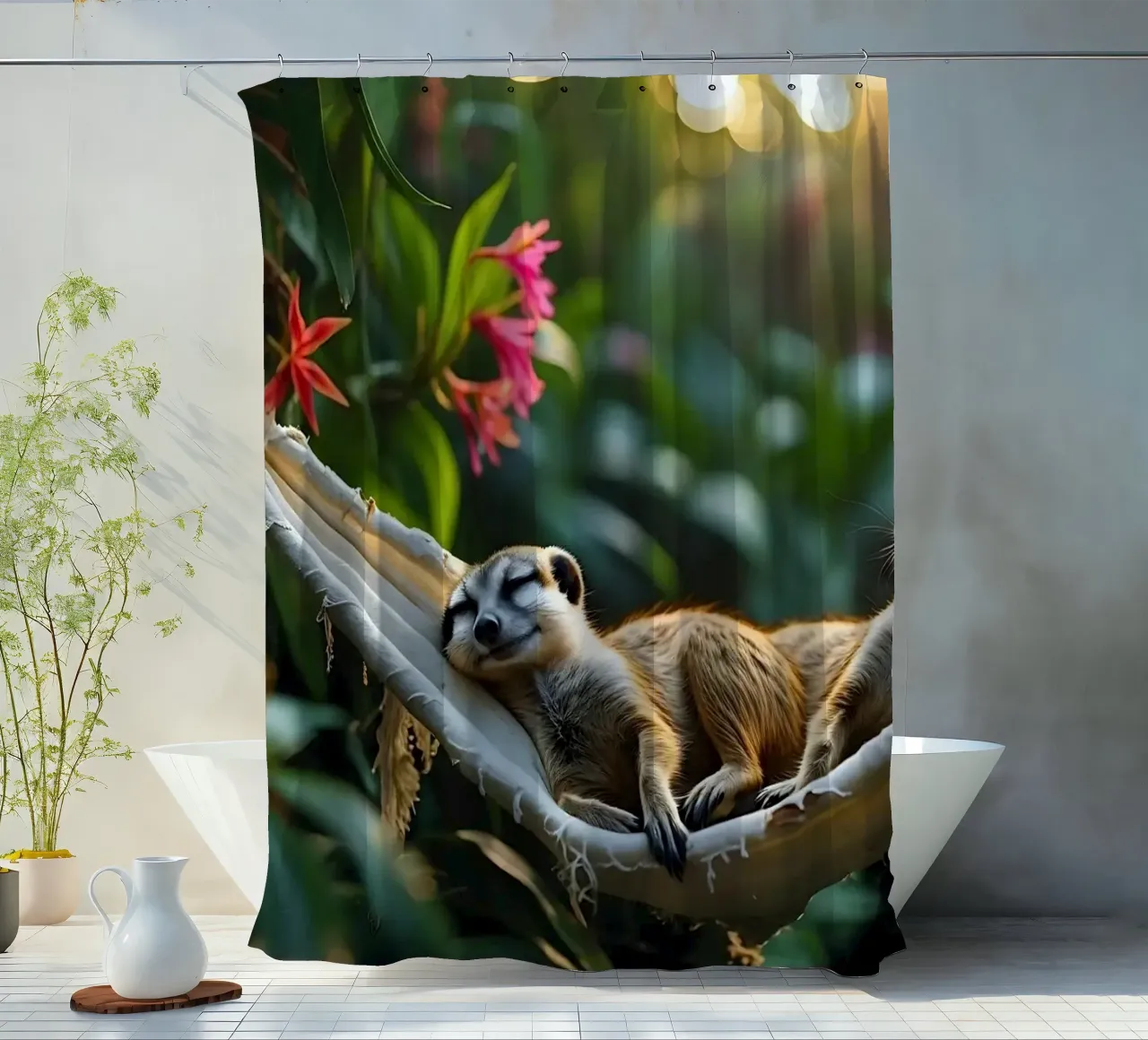 🌿🌺 Suricatas | Juntas en modo relajación (1) cortina de baño de Trinkets NL Design Studio