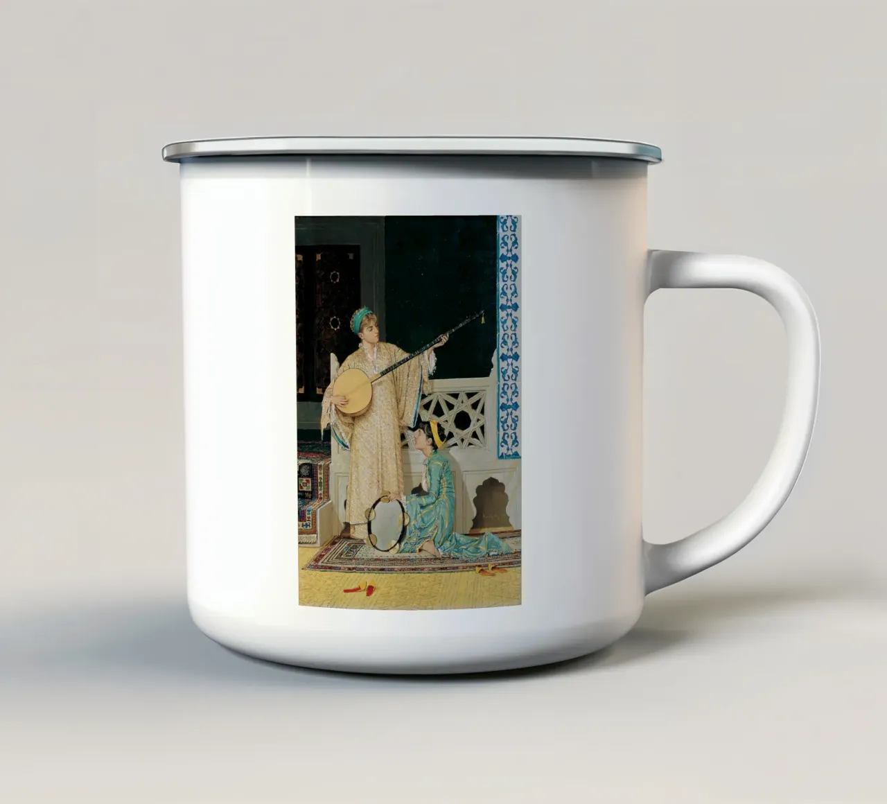 Due ragazze musiciste di Osman Hamdi Bey tazza in smalto da Venus Art