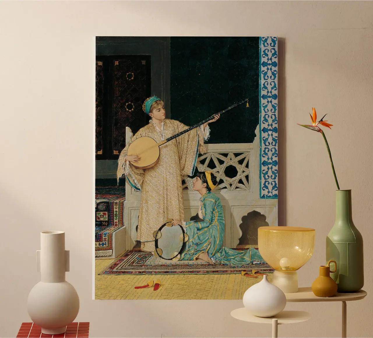 Due ragazze musiciste di Osman Hamdi Bey tela con Cornice a cassetta da Venus Art