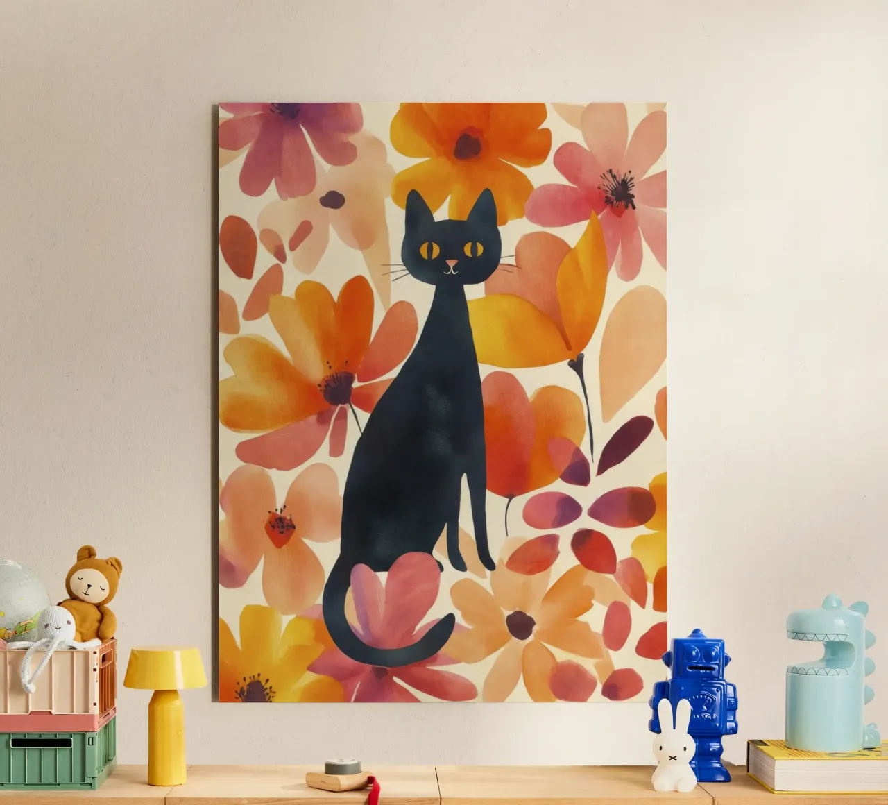 Gatto magico boho in fiore alluminio dibond da Andrea Haase Animal Love