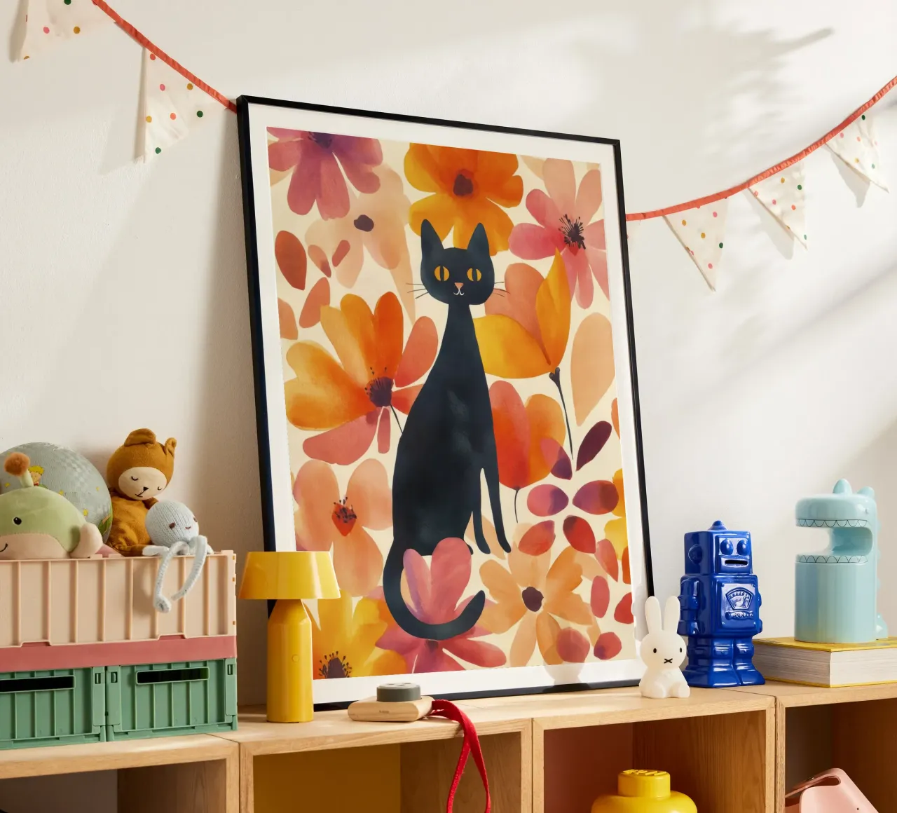 Gatto magico boho in fiore poster con telaio in legno da Andrea Haase Animal Love