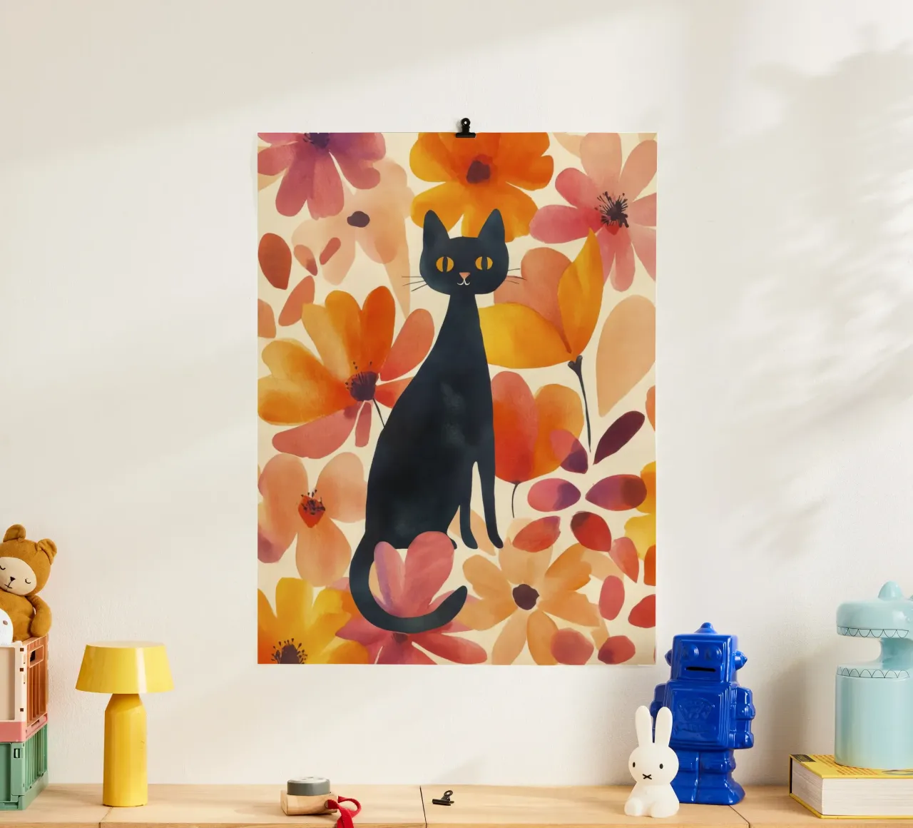 Gatto magico boho in fiore poster con telaio in legno da Andrea Haase Animal Love