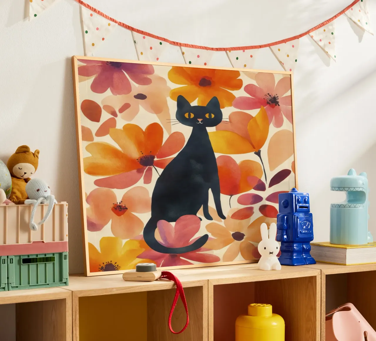 Gatto magico boho in fiore poster con telaio in legno da Andrea Haase Animal Love