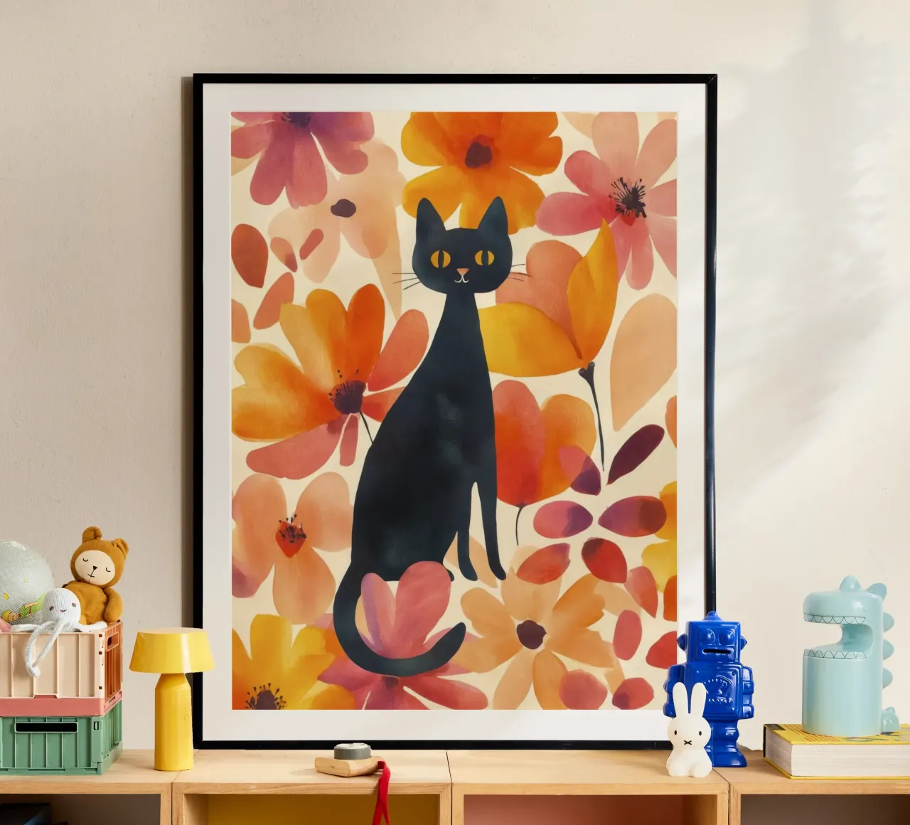 Gatto magico boho in fiore poster con telaio in legno da Andrea Haase Animal Love
