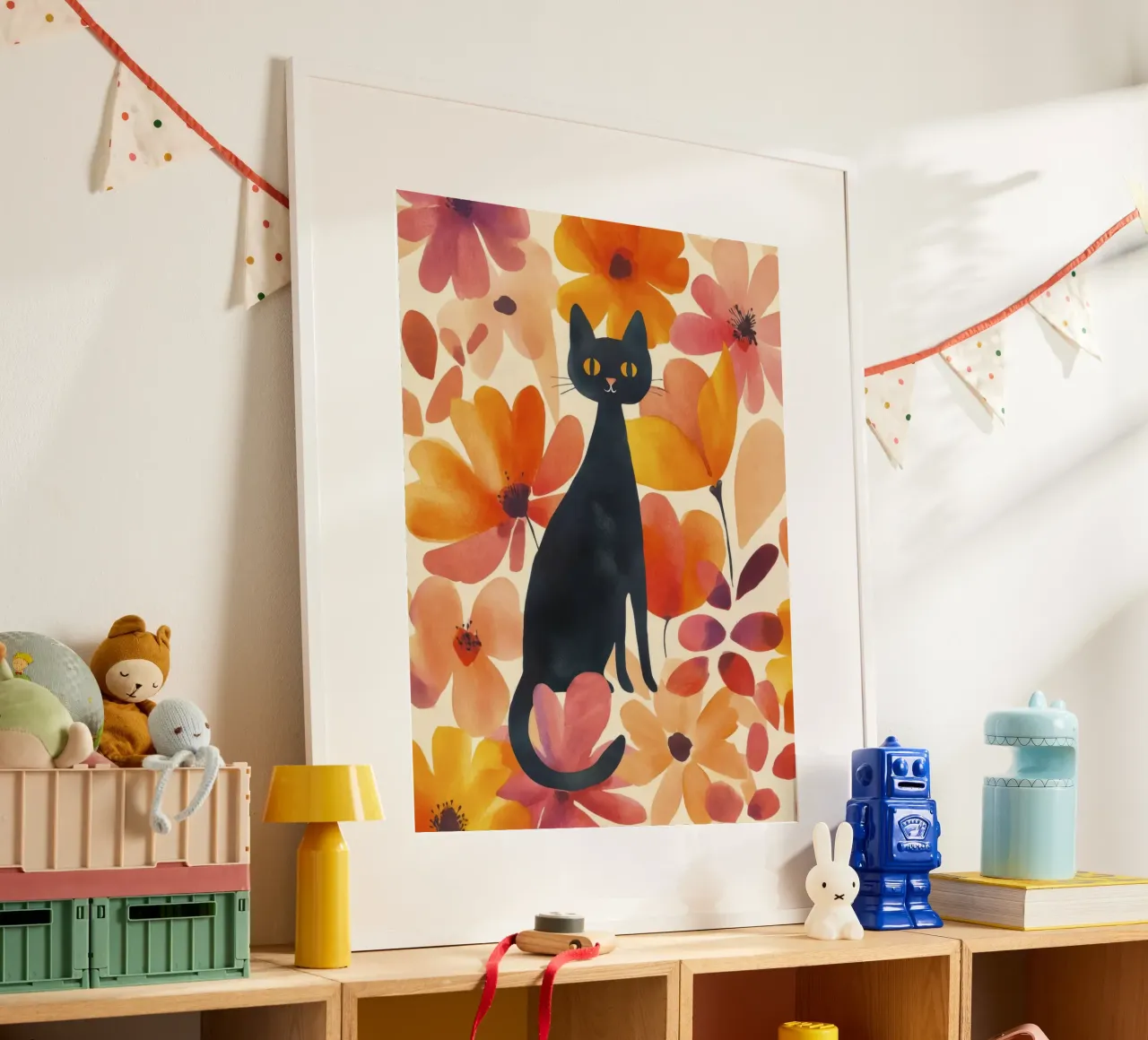 Gatto magico boho in fiore poster con telaio in legno da Andrea Haase Animal Love