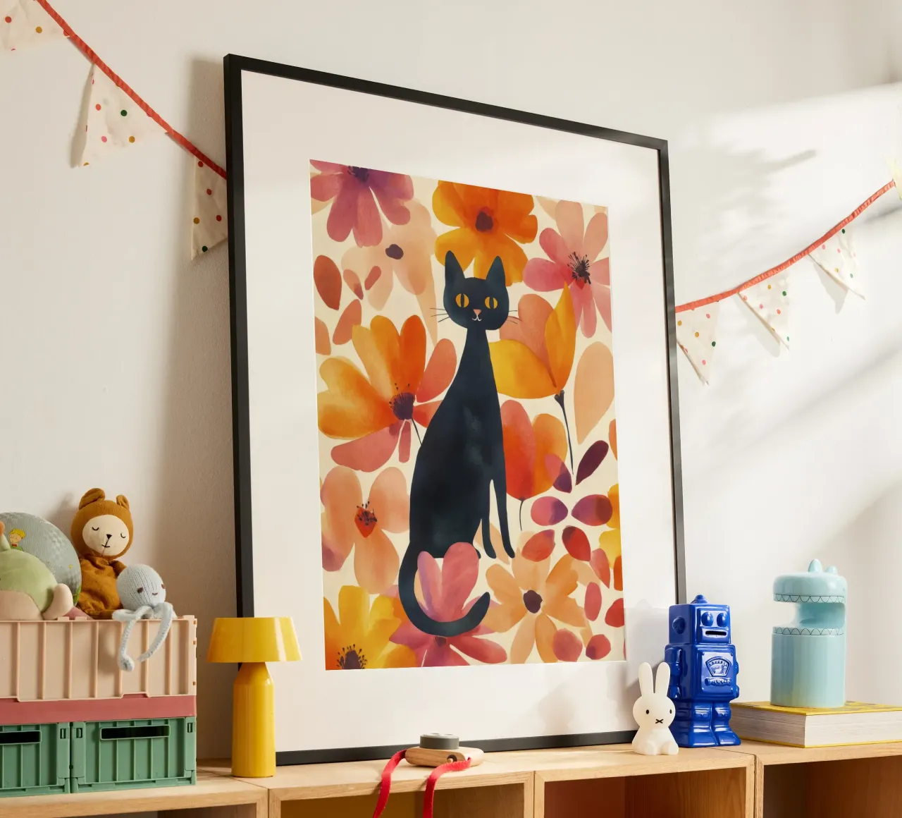 Gatto magico boho in fiore poster con telaio in legno da Andrea Haase Animal Love