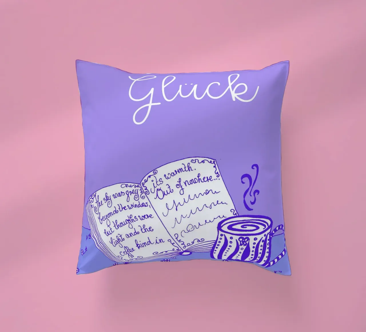 Felicità - Libro e tazza - Blu e viola cuscino da PaperLine Art