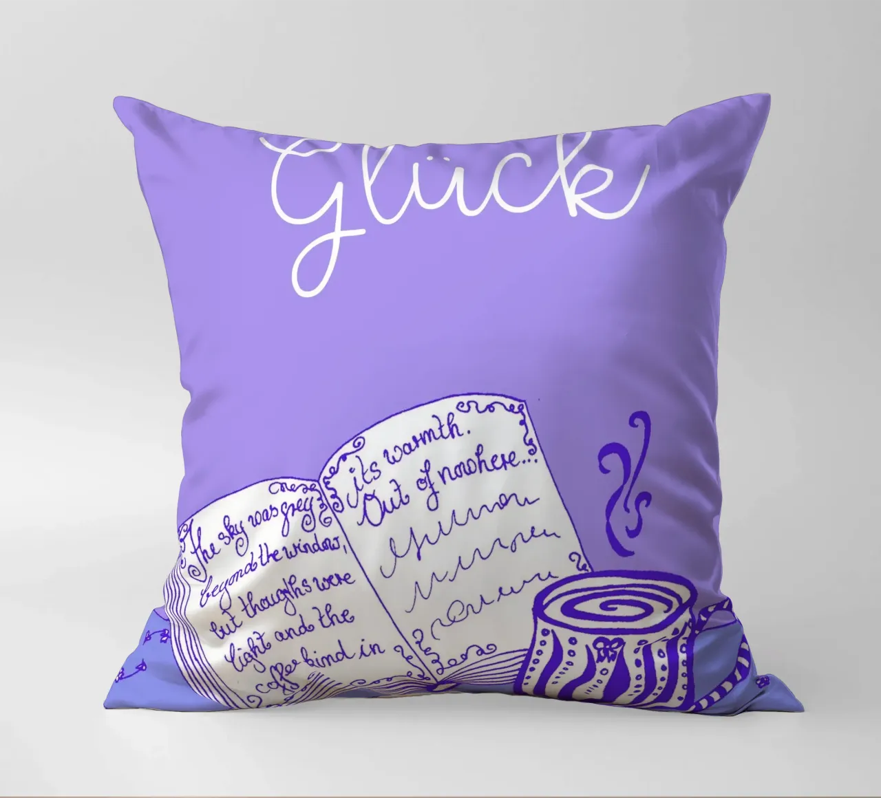 Felicità - Libro e tazza - Blu e viola cuscino da PaperLine Art