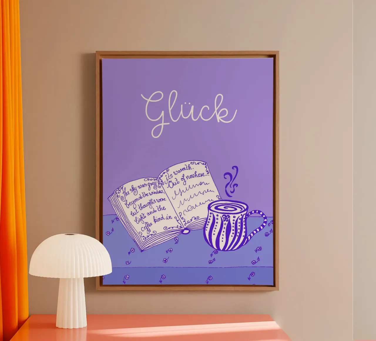 Felicità - Libro e tazza - Blu e viola tela con Cornice a cassetta da PaperLine Art