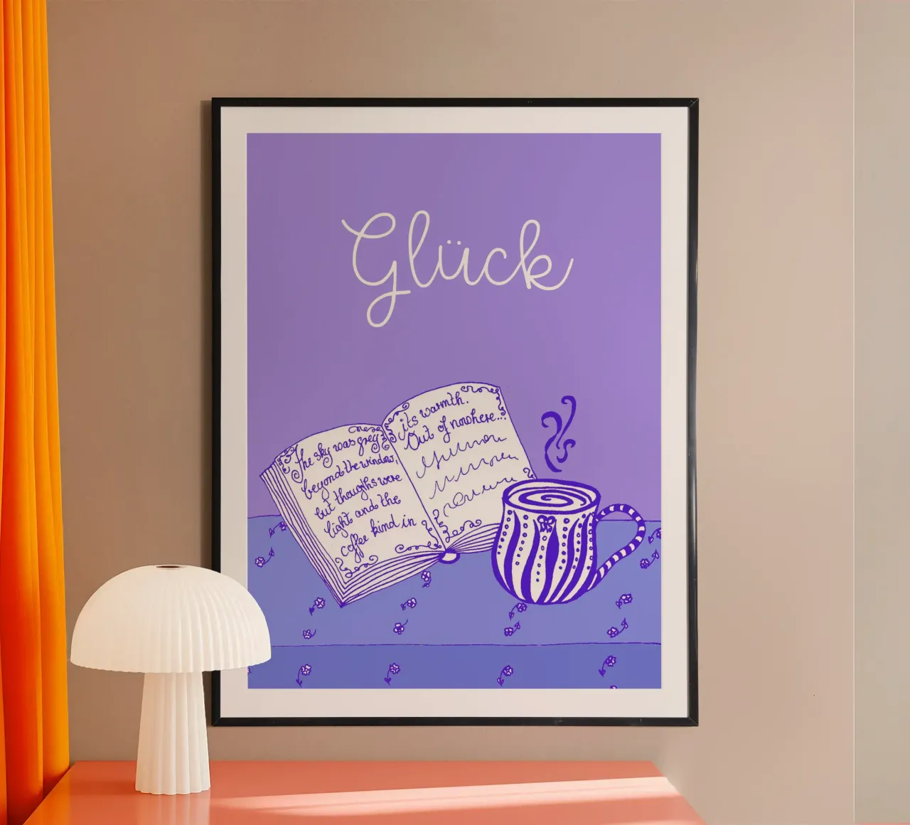 Felicità - Libro e tazza - Blu e viola poster con telaio in alluminio da PaperLine Art