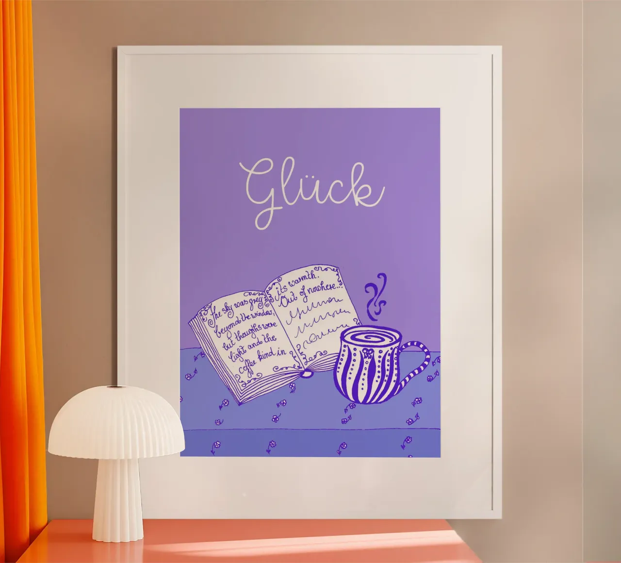 Felicità - Libro e tazza - Blu e viola poster con telaio in alluminio da PaperLine Art