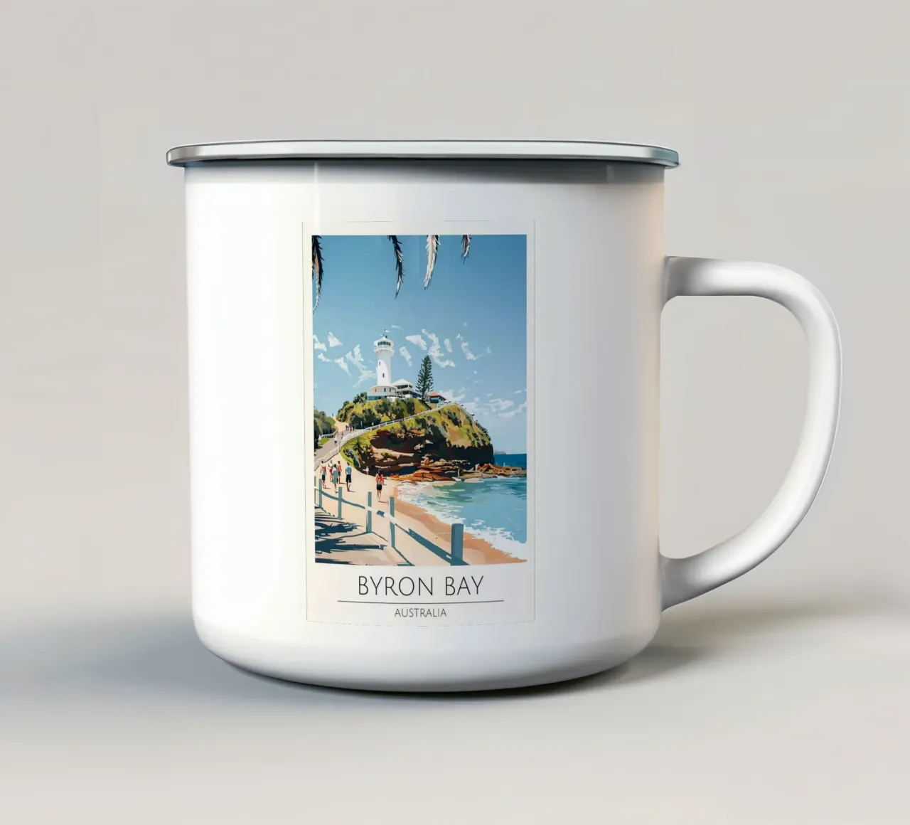 Poster di viaggio d'epoca del faro di Byron Bay tazza in smalto da homdeco