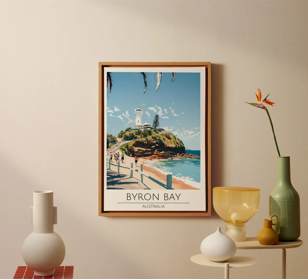 Poster di viaggio d'epoca del faro di Byron Bay tela con Cornice a cassetta da homdeco