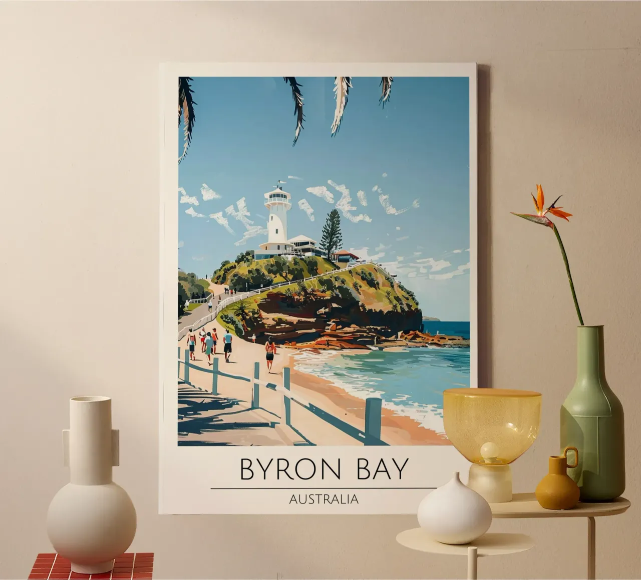 Poster di viaggio d'epoca del faro di Byron Bay tela con Cornice a cassetta da homdeco
